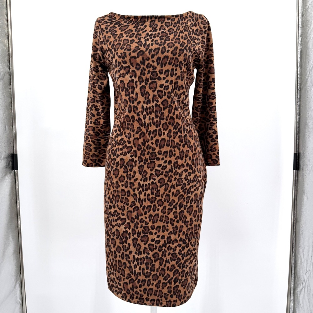 Lauren Ralph Lauren Leopard Animal Print Sheath Bodycon Dress Brown Tan Medium